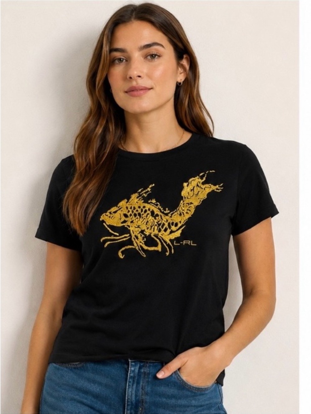 Lauren Ralph Lauren Black Embroidered Logo Tee Size Large Gold Graphic Shirt